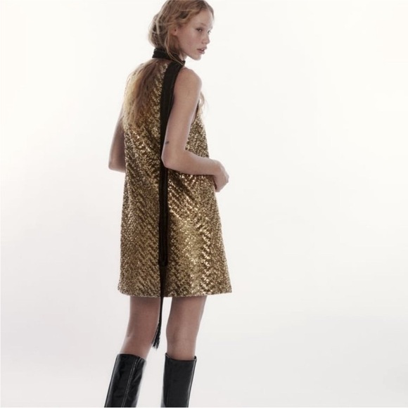 Zara gold sequin knit mini dress BLOGGERS FAVORITE!!!! NWT - Picture 2 of 16